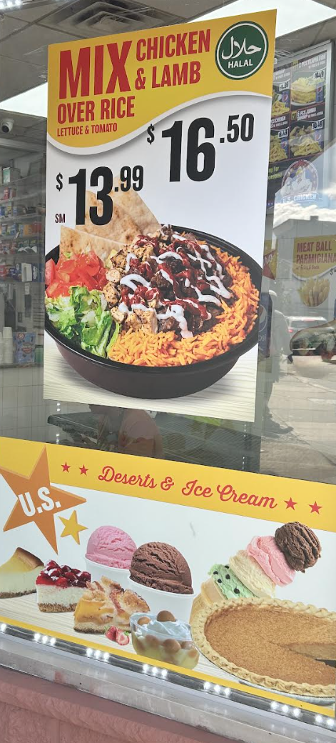 Mixed chicken and lamb over rice, desserts and ice cream window display