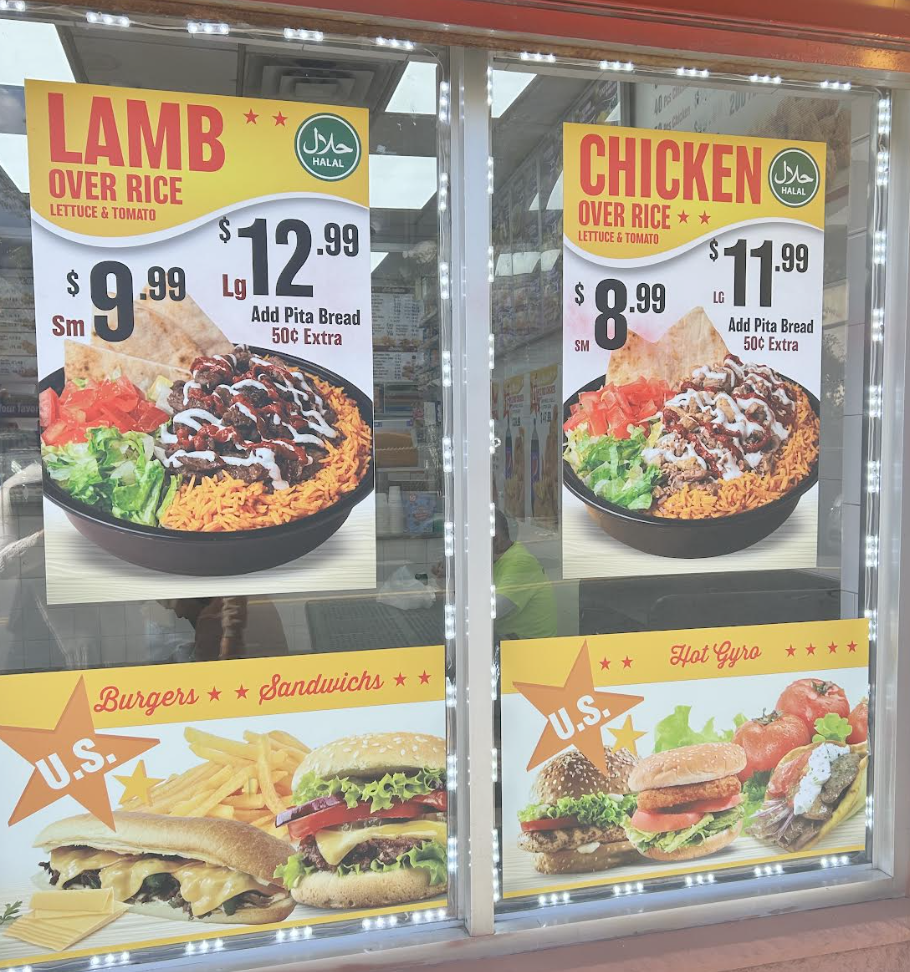 Lamb and chicken over rice, burgers and gyros window displays