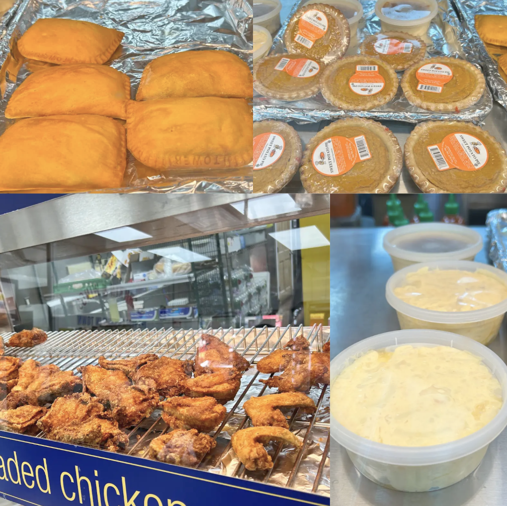 Jamaican patties, sweet potato pies, fried chicken in the display case, and creamy side dishes