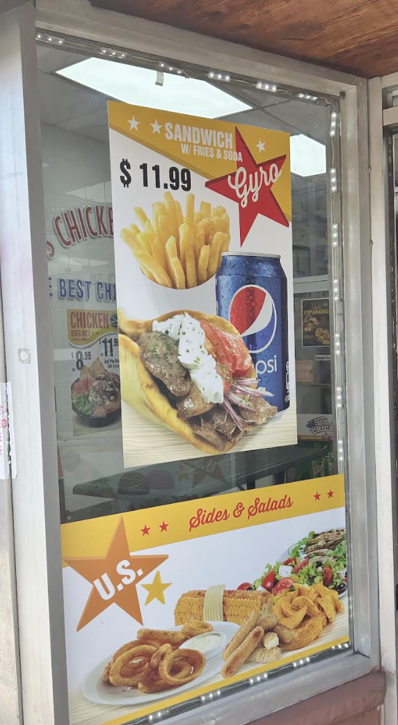 Gyro sandwich meal, sides and salads window display
